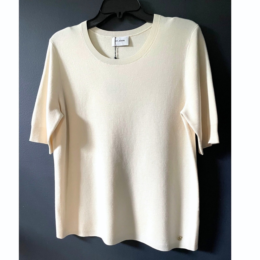 NWT St. John Luxury Silk Knit Sweater Ecru Gold Emblem Capsule Essential $695